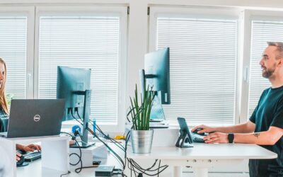 People working on standing desks, prague